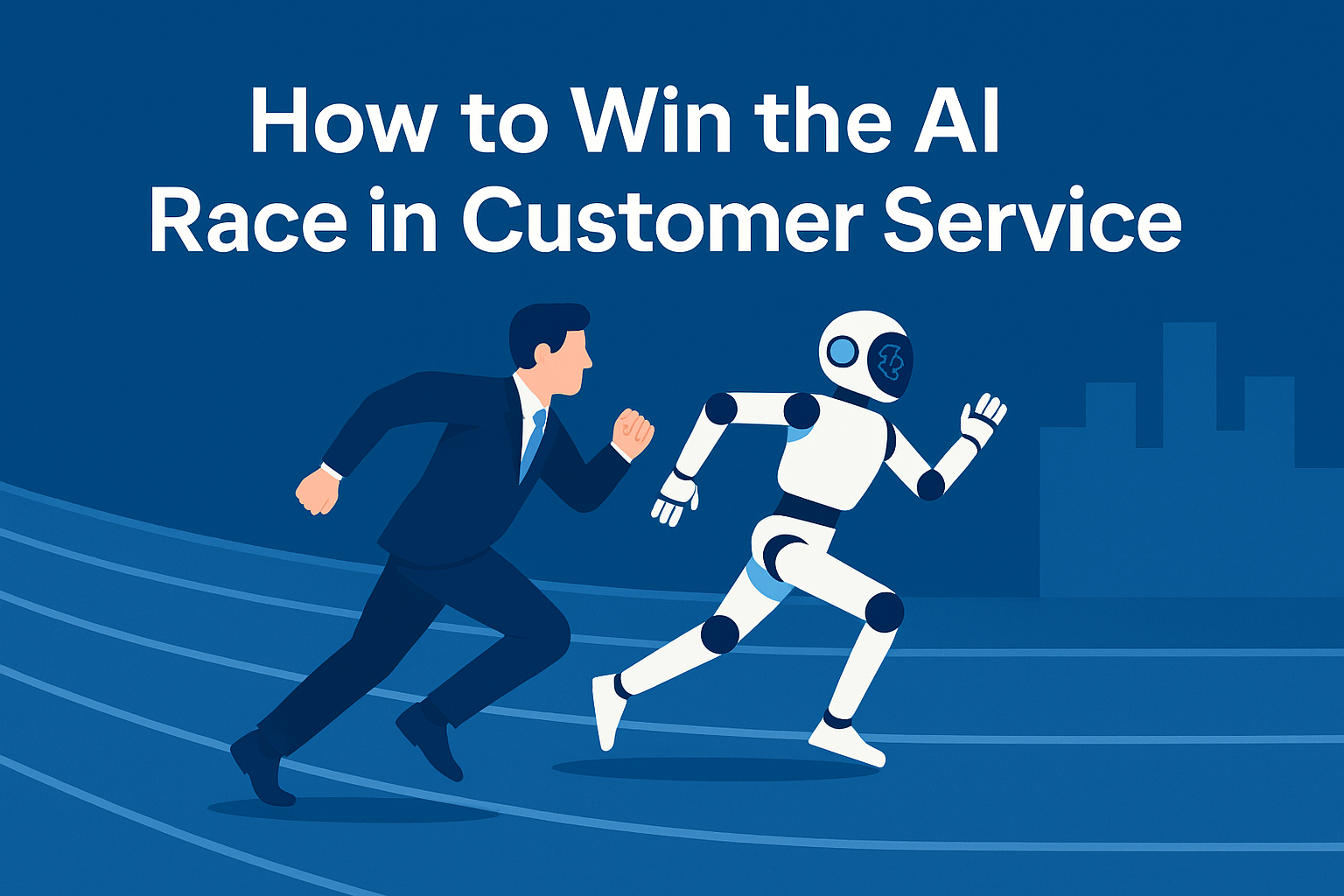 robot and human running with blue background.